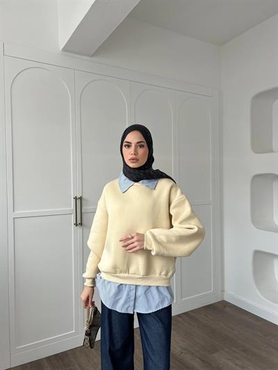 Gömlek Detaylı 3 İplik Sweat - Krem