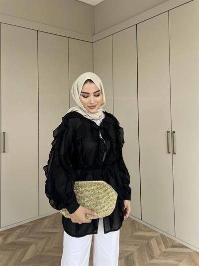 Hello Fırfırlı Gömlek - Siyah