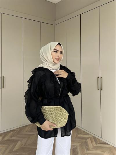 Hello Fırfırlı Gömlek - Siyah