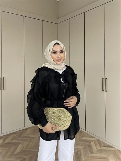 Hello Fırfırlı Gömlek - Siyah