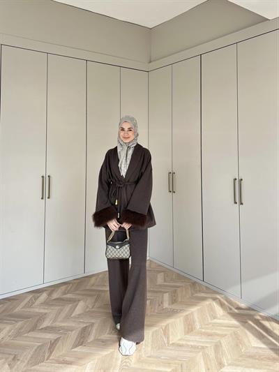 Hüma Kol Detayı Kürk Takım - Acı Kahve