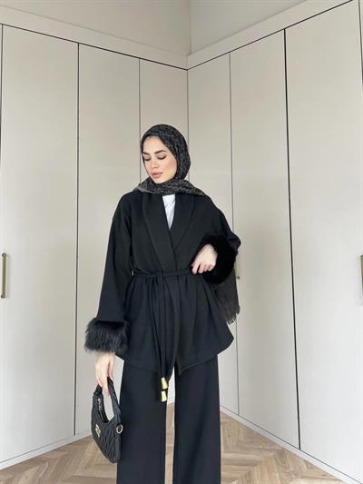 Hüma Kol Detayı Kürk Takım - Siyah 