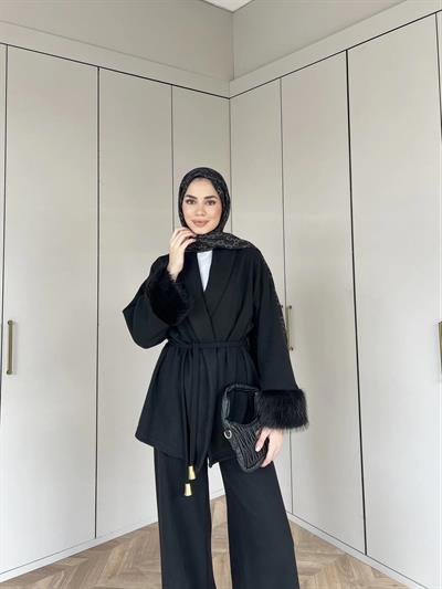 Hüma Kol Detayı Kürk Takım - Siyah 