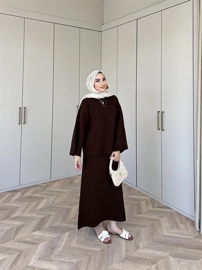 İrem Triko Etekli Takım - Kahve