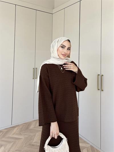 İrem Triko Etekli Takım - Kahve