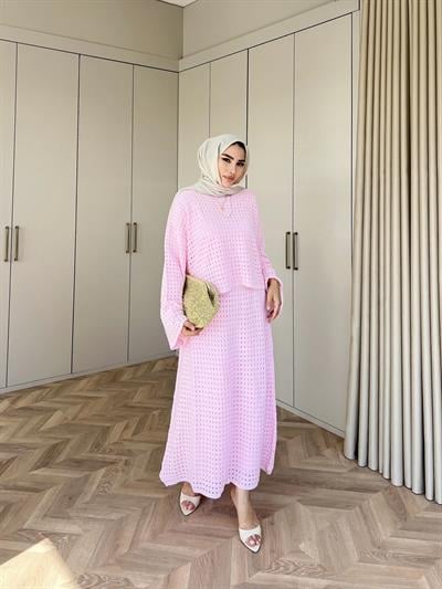 İrem Triko Etekli Takım - Pembe