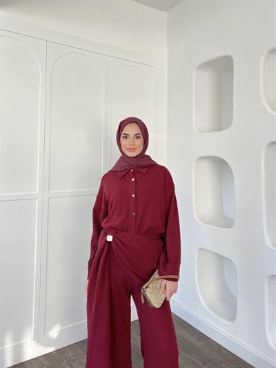 Leva Örme Triko Yan Bağcıklı Takım- Bordo