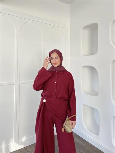 Leva Örme Triko Yan Bağcıklı Takım- Bordo