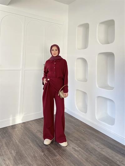 Leva Örme Triko Yan Bağcıklı Takım- Bordo