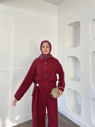 Leva Örme Triko Yan Bağcıklı Takım- Bordo