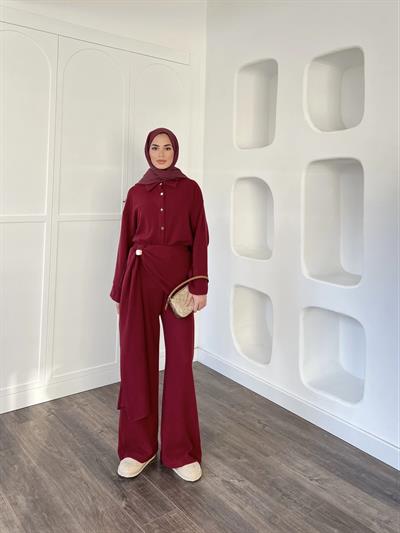 Leva Örme Triko Yan Bağcıklı Takım- Bordo