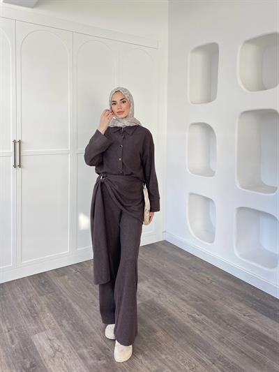 Leva Örme Triko Yan Bağcıklı Takım- Kahve