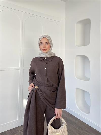 Leva Örme Triko Yan Bağcıklı Takım- Kahve