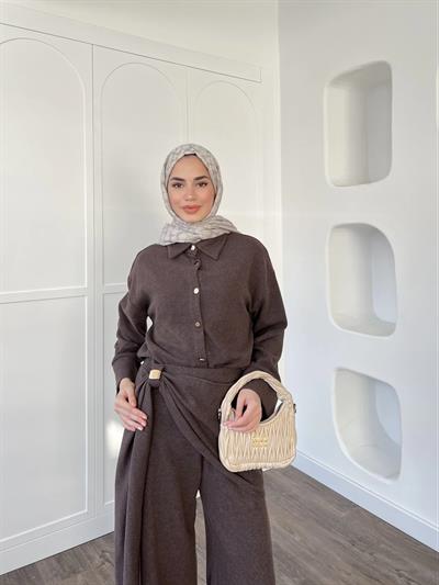 Leva Örme Triko Yan Bağcıklı Takım- Kahve