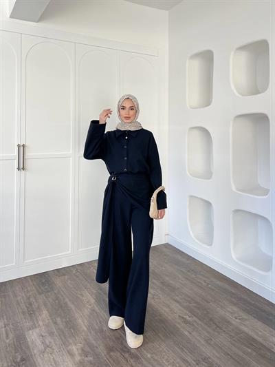 Leva Örme Triko Yan Bağcıklı Takım- Lacivert