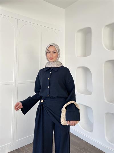 Leva Örme Triko Yan Bağcıklı Takım- Lacivert