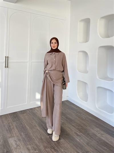 Leva Örme Triko Yan Bağcıklı Takım- Vizon