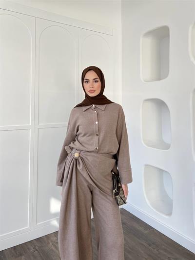 Leva Örme Triko Yan Bağcıklı Takım- Vizon