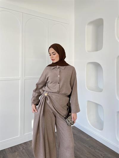 Leva Örme Triko Yan Bağcıklı Takım- Vizon