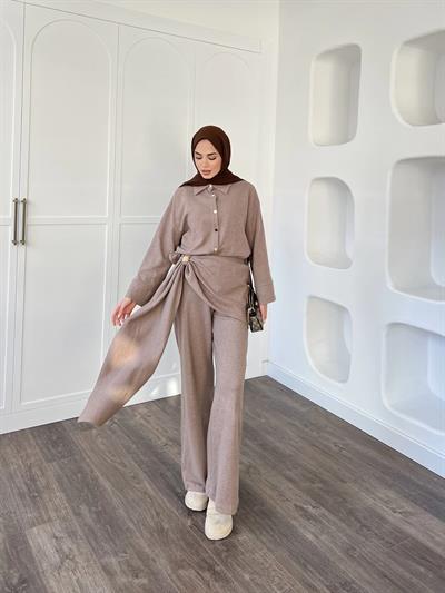 Leva Örme Triko Yan Bağcıklı Takım- Vizon