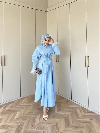 Lotus Kol Tüylü Elbise - Mavi