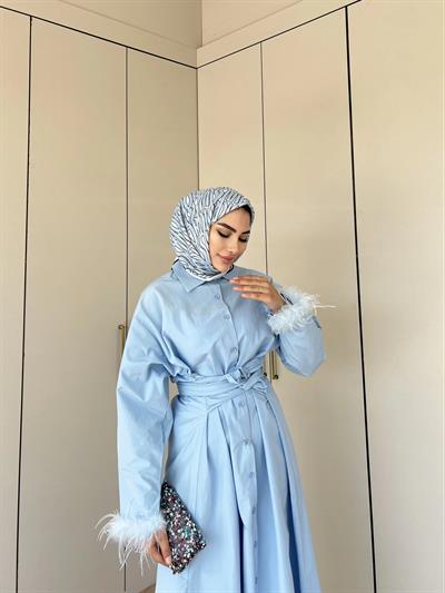 Lotus Kol Tüylü Elbise - Mavi