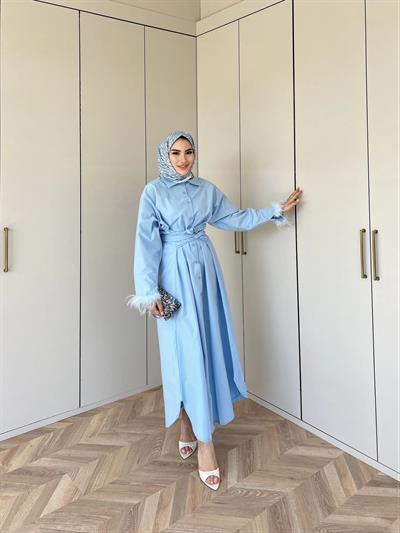 Lotus Kol Tüylü Elbise - Mavi