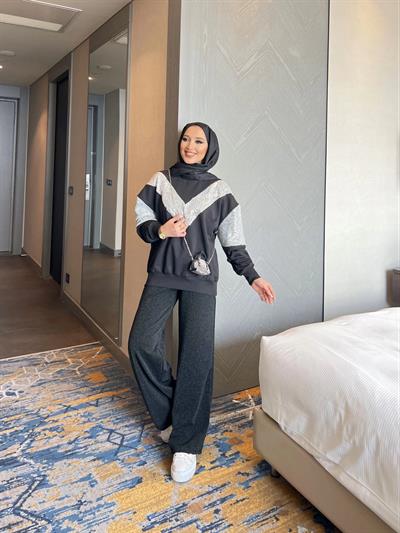 Molla Sim  Detaylı Sweat Takım - SİYAH