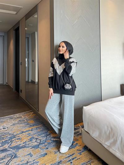 Molla Sim Detaylı Sweat Takım - GRİ