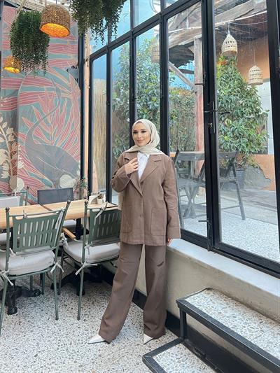Qes Keten Ceketli Takım - Kahverengi
