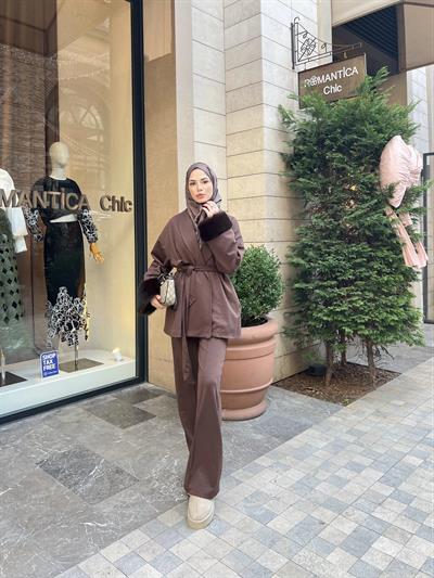 Quva Kol Detayı Kürk Takım - Kahve