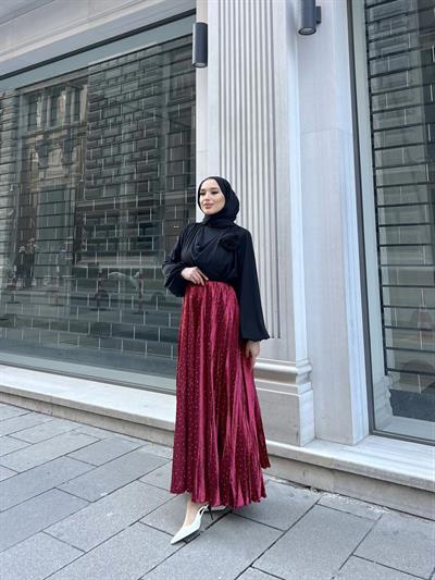 Taşlı Saten Etek - Bordo