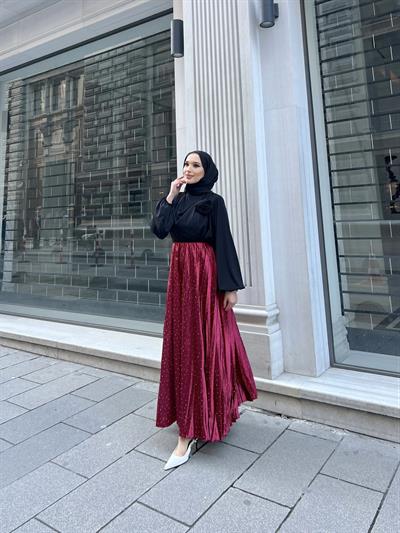 Taşlı Saten Etek - Bordo