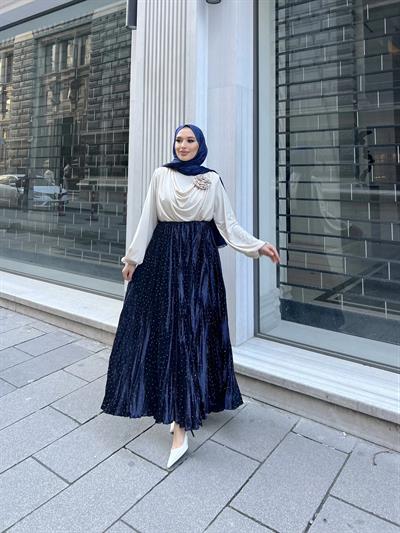 Taşlı Saten Etek - Lacivert