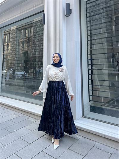 Taşlı Saten Etek - Lacivert
