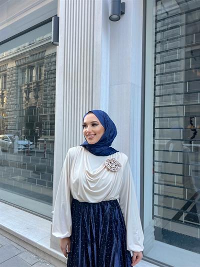 Taşlı Saten Etek - Lacivert