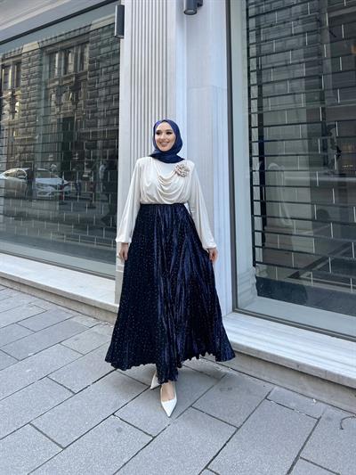 Taşlı Saten Etek - Lacivert