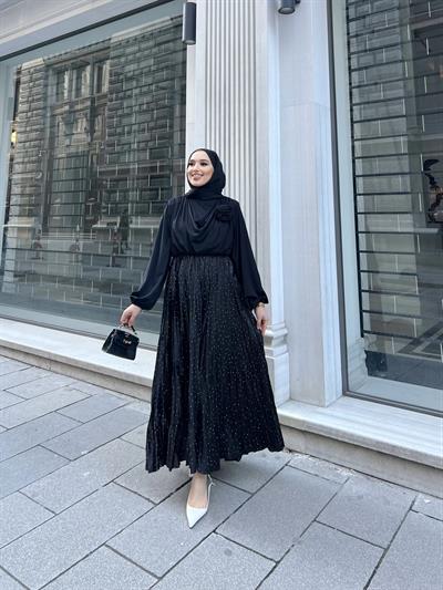 Taşlı Saten Etek - SİYAH