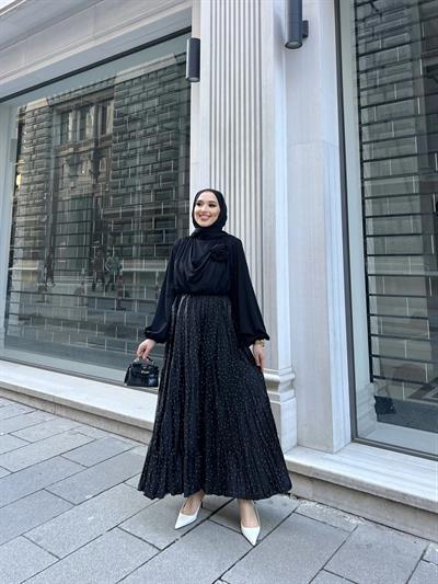 Taşlı Saten Etek - SİYAH