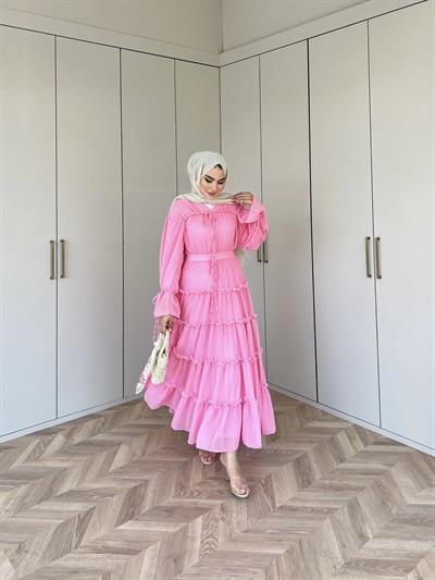 Ümma Şifon Elbise -Pembe