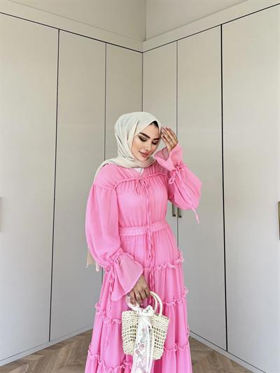 Ümma Şifon Elbise -Pembe