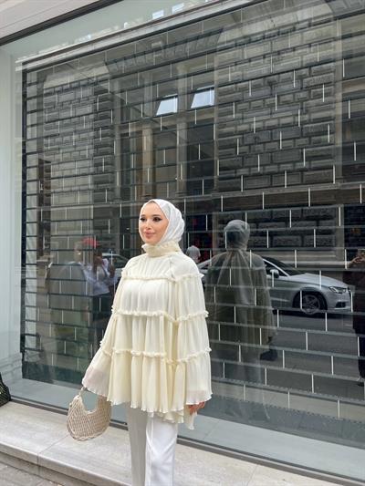 Viana Şifon piliseli kat fırfır Bluz - Bej