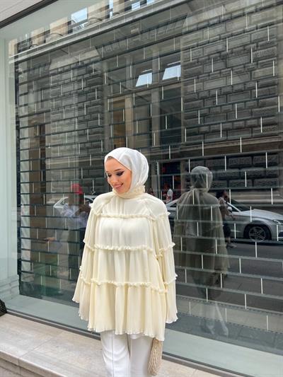 Viana Şifon piliseli kat fırfır Bluz - Bej