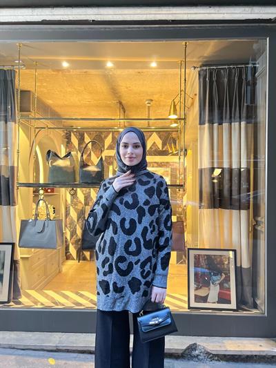 Asi Leopar Desen Simli Kazak - Siyah