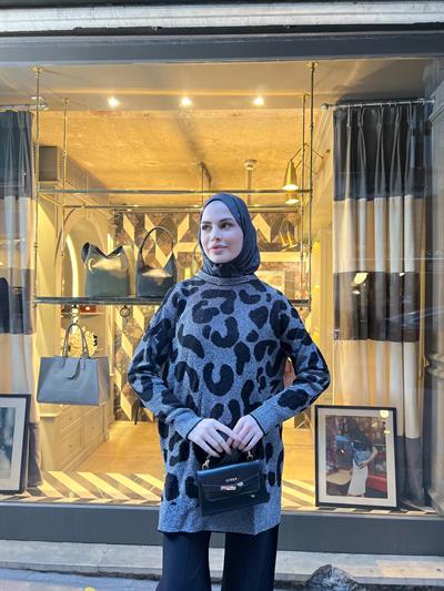 Asi Leopar Desen Simli Kazak - Siyah