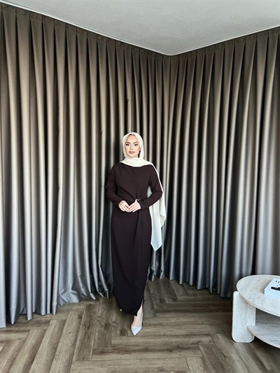 Asil Yan Detay Elbise - Acı Kahve