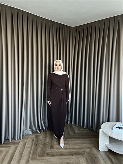 Asil Yan Detay Elbise - Acı Kahve