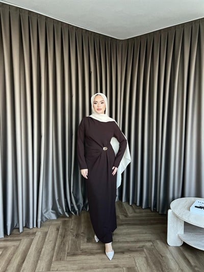 Asil Yan Detay Elbise - Acı Kahve