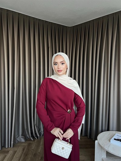 Asil Yan Detay Elbise - Bordo