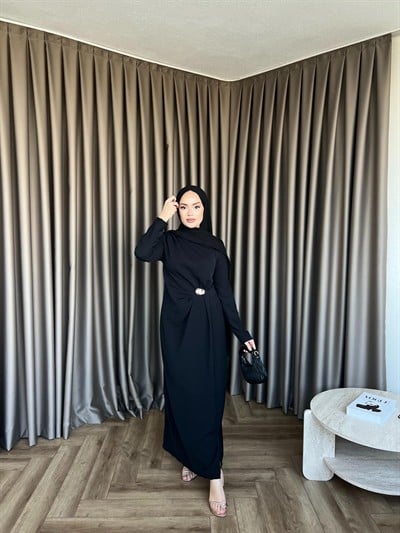 Asil Yan Detay Elbise - Siyah